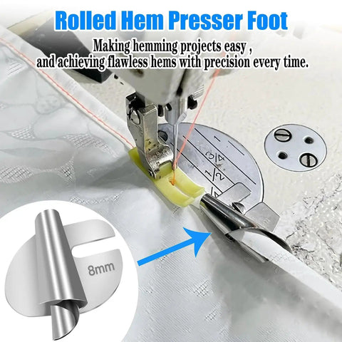 Front view of a metallic rolled hemmer foot set in use; 4-pack (7/8/9/10mm) for home sewing machines