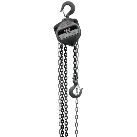 Jet 1-ton hand chain hoist with 20 ft lift; gray metal housing, top hook and hanging chain.