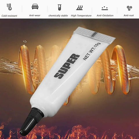 High Temp 3D Printer Gear Grease To Cut Noise And Beef Up Performance On Ender 3 S1 Prusa MK4 CR10 Linear Rails CNC Machines And Electric Motors Low Friction For Smooth Quiet Operation, shown in a 10g tube with flame and coil graphics.