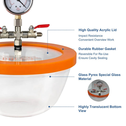 BACOENG 2.8 quart vacuum chamber with orange lid, Pyrex glass bowl and gauge-equipped valve assembly.