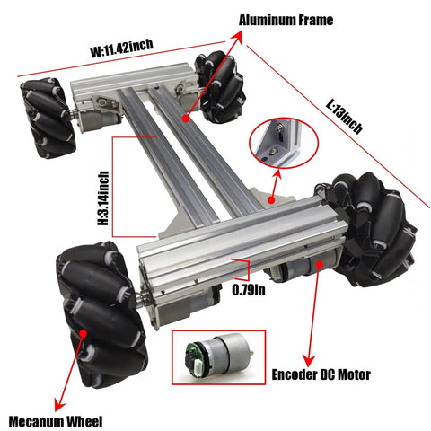 Professional 4WD Metal Robot Car Chassis Kit With 97mm Mecanum Wheels, showing aluminum frame and encoder DC motor