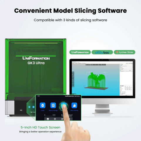 GK3 Ultra 13.5 Inch Resin 3D Printer With 16K LCD high resolution, slicing software UI on screen, showcasing touch interface.
