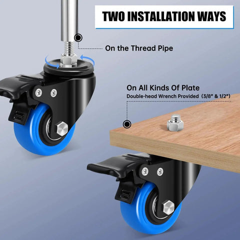 Image showing 2 Inch Heavy Duty Threaded Stem Caster Wheels Set Of 4 With 3/8-16 Threaded Screws attached to a wooden surface, highlighting dual installation ways.