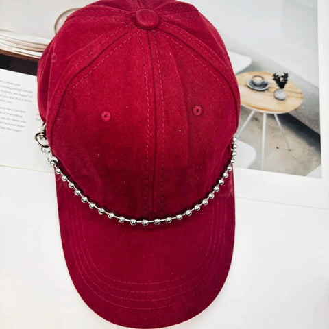 Detachable Pearl Hat Chains For Trucker Hats And Mesh Baseball Caps with metal beads on red cap
