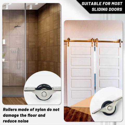 Eight Pack Sliding Door Pulleys for Cabinets and Furniture, nylon rollers shown installed on bathroom and room doors, ideal for DIY projects.