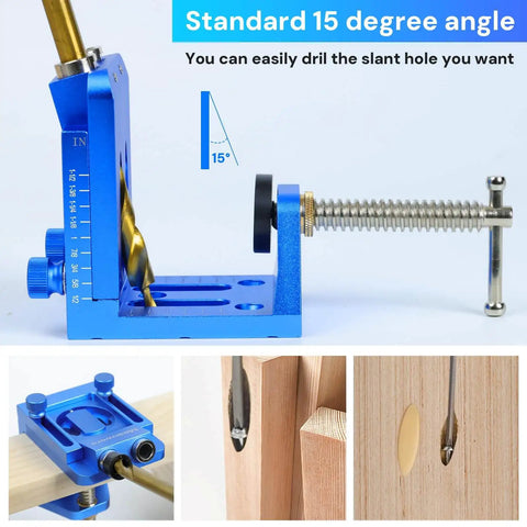 Pocket Hole Jig Kit With Adjustable Drill Guide And Stop Collars, showing 15-degree angle setup and use on wood.