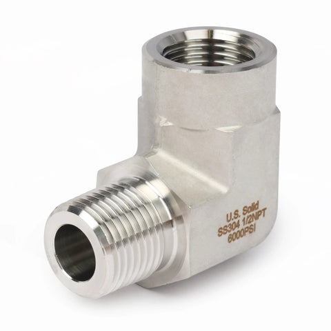 Stainless steel 90-degree street elbow, 1/2 NPT, male to female, SS304, 6000 PSI, U.S. Solid