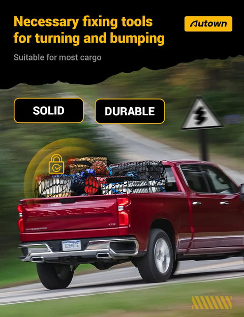 Heavy Duty Truck Bed Cargo Net Stretchable From 4x4 To 7x7 In 1x1 Inch Mesh With 8 Metal Carabiners Keeps ATV SUV UTV Boat Gear Secure On Road And Trails AUTOWN installed on a red pickup truck.