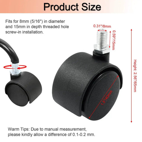 Image showing four 1.5 inch swivel caster wheels with 8 mm M8 threaded stem, heavy-duty nylon casters for furniture, black, 40 mm diameter, 65 mm height.