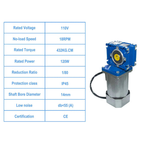 Beefy 120W 110V AC Worm Gear Reducer Motor With Speed Controller next to specifications table, featuring 1:80 reduction, 18 RPM, 14mm shaft.