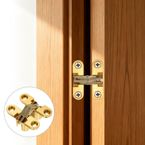 4 Pack Hidden Cabinet Door Hinges 1.65 Inch By 0.45 Inch 180 Degree Concealed Cross Hinge For Wooden Boxes And Invisible Doors With Screws Gold Finish Durable Build, installed on wooden cabinet door