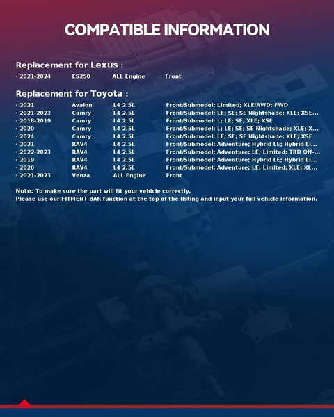 Compatibility information for Pair Front Wheel Bearing And Hub Assembly For Toyota RAV4 And Camry Perfect Fit 2019 To 2023 AWD And FWD Models Venza 2021 To 2023 Avalon AWD 2021 To 2024 Premium Hub Assembly Set