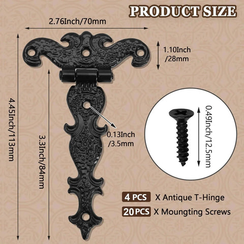 Antique T Strap Hinge Set Four Pieces Black Zinc Alloy Hinges with dimensions illustrated, including mounting screws for furniture.