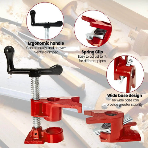 Heavy Duty 4 Pack 3/4 Inch Pipe Clamps With Foot Design for woodworking, featuring ergonomic handle and spring clip, close-up view.