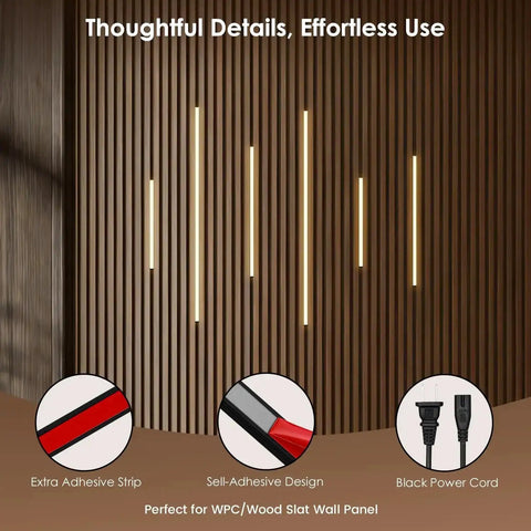 Six Piece Slat Wall Light Kit For Wood Panels With Adhesive Black LED Strips installed on wood slat wall showing simple installation.