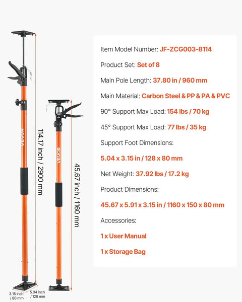 Cabinet Support Pole 8 Pack Telescoping 45.7 to 114.2 Inches, 154 Lbs Capacity with adjustable height and material details.