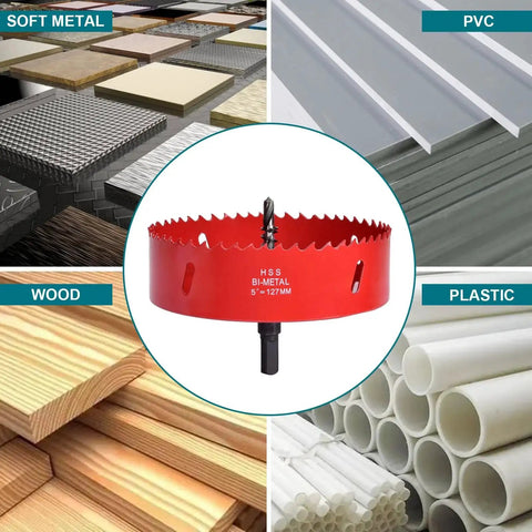 4 Inch Hole Saw Kit For Wood Plastic Ceiling Drywall And Metal With HSS Bi Metal Cutter And Pilot Drill Bit Includes Arbor Replacement Bit And Hex Key For Fast Clean Holes And Long Lasting Durable Performance Perfect For Any Job Site, showing bi-metal hole saw with arbor against wood, plastic, and metal surfaces.