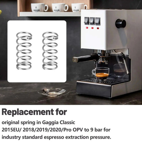 9 Bar OPV Espresso Machine Spring Replacement Kit for Gaggia Classic Pro and Classic, shown with two metal springs and espresso machine
