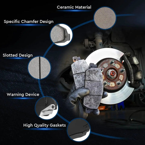 ILONPA front ceramic brake pads set with hardware, 4-piece, slotted and chamfered design