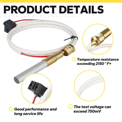 Water heater thermopile with white cable and brass fitting for Rheem/Ruud/Richmond pilot burner.