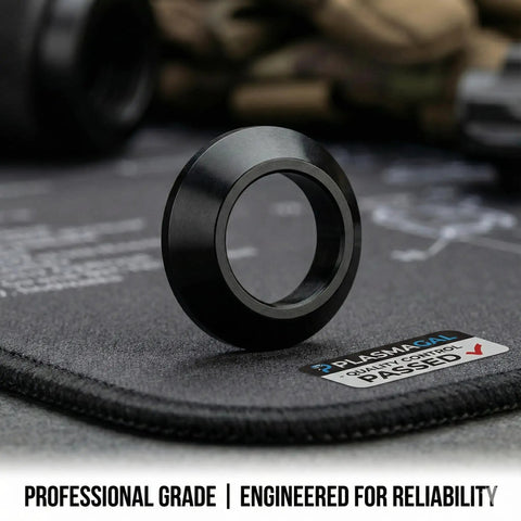 Close-up of black oxide steel Crush Washer For 5/8-24 Threads For 30 Cal Muzzle Devices 5 Pack showing precision machined conical design.