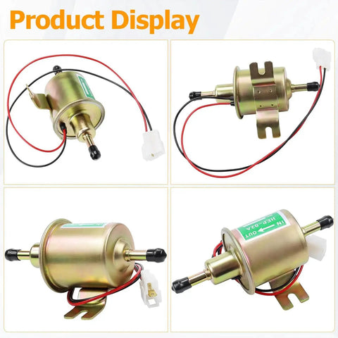 Product display with 12V Inline Fuel Pump Low Pressure Transfer For Motorcycle Carburetor Lawn Mower Gas Or Diesel Engine Universal 2.5-4 Psi 70 Liters Per Hour 30 GPH 8mm Hose Easy DIY Install Go-To Upgrade