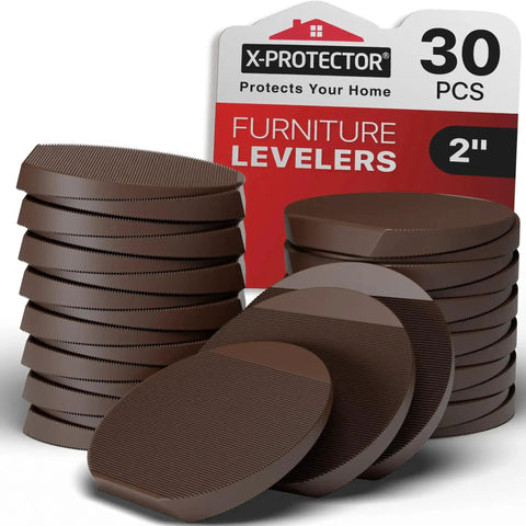 30 Pack 2 Inch Brown Rubber Furniture Levelers With Non Slip Grip Shims for wobble-free and floor safe adjustment on display
