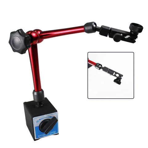 Heavy Duty Magnetic Base Test Indicator Holder With Digital Level And Adjustable Metal Tool Stand, 14 Inch Height, 8mm Clamping Hole, 132 Lb Max Pull, 60 Kg, Aluminum Strut And Cold Drawn Steel Base shown with red adjustable arm on black magnetic base
