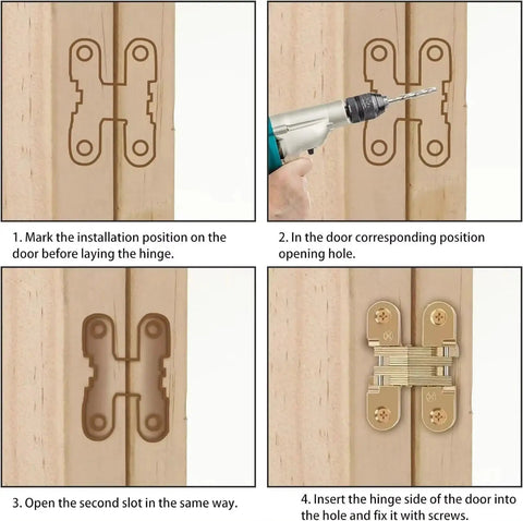 180 Degree Hidden Hinge Zinc Alloy Concealed Cross Door Hinge Kit For Cabinets And Furniture Invisible Mount 1pc Silver Low Profile Design Easy Install Durable Hardware For Smooth Swing installation steps