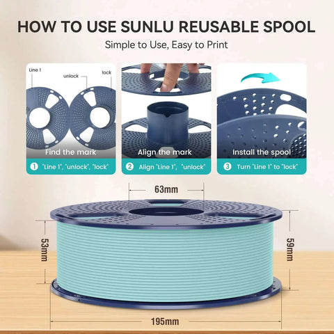 Instructions for using Sunlu reusable spool with Matte White PLA Filament Bundle 1.75mm, showing dimensions and assembly steps.
