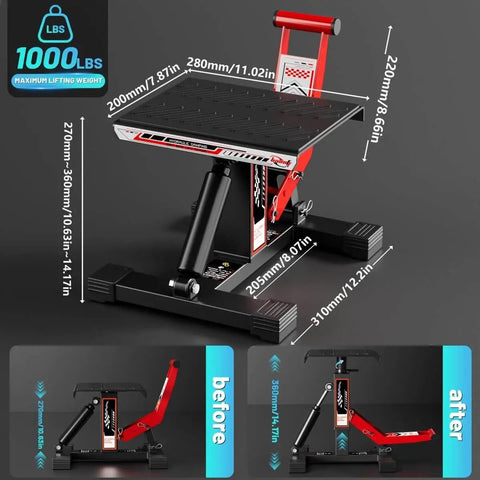 Beefy Dirt Bike Stand With 1000 Lb Hydraulic Lift Jack Hoist Table, Adjustable Height For Dirt Bikes, Pit Bikes And Mini Bikes