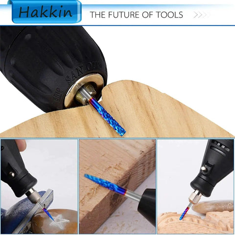 Pro Grade Carbide Rotary Burrs Set 20 Piece with 1 Eighth Inch Shank Nano Blue Coated ball nose in use on wood engraving