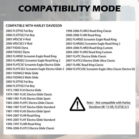 Compatibility chart listing Harley Davidson models for 8Pcs Motorcycle Foot Pegs Mounting Kit, highlighting compatible years.