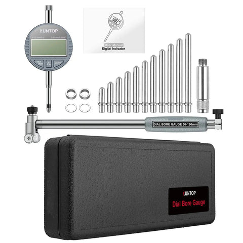 Digital Bore Gauge Set 2-6 Inch Range 50-160mm With LCD Display, multiple probes and case, for machining and automotive use.