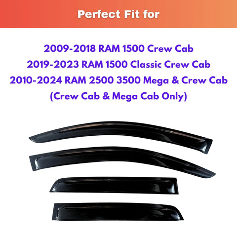 Out Channel Rain Guards Window Visors Vent Deflectors For RAM Trucks 2009 2018 RAM 1500 Crew Cab 4 Piece set view from above.