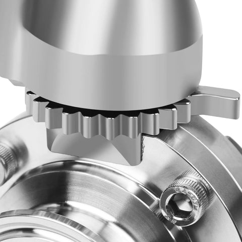 1.5-inch butterfly valve with tri-clamp fittings, stainless steel 304, trigger handle, front view