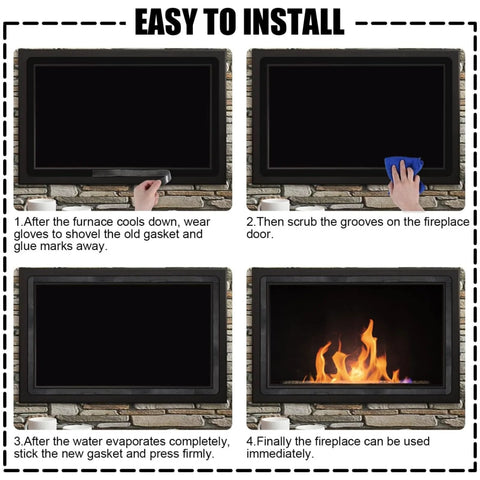 Flat gasket tape for stoves and fireplaces, self-adhesive fiberglass, 1/8 in thick; four-step install guide.