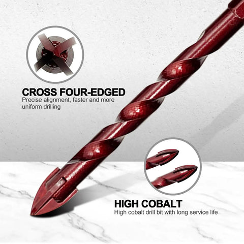 Close-up of masonry drill bits set 10 piece pro grade high cobalt concrete drill bits showing cross four-edged design and detail.