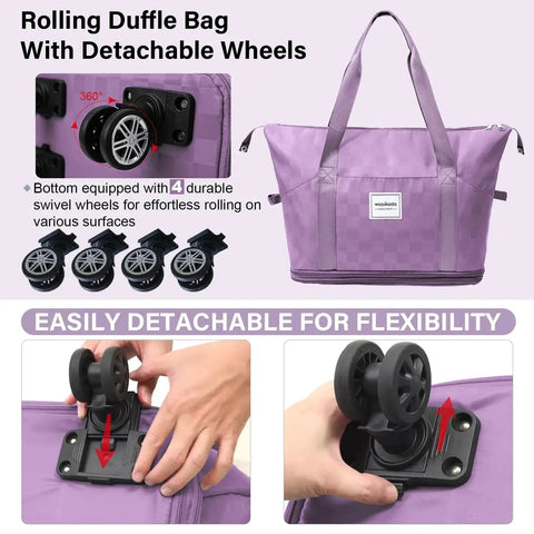 Expandable Rolling Duffel Bag With Wheels Detachable Carry On Luggage 30L To 60L Capacity Lavender Checkerboard WOOMADA close-up