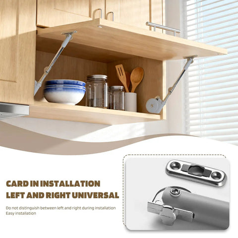 2 Pack Soft Close Toy Box Hinges With Lid Support installed on wooden kitchen cabinet with upward-opening door, showing hinge detail.