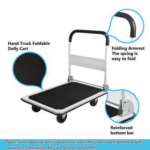 Heavy Duty Foldable Platform Truck With 880 Lb Capacity, large utility cart with foldable armrest and reinforced bottom bar for industrial use.