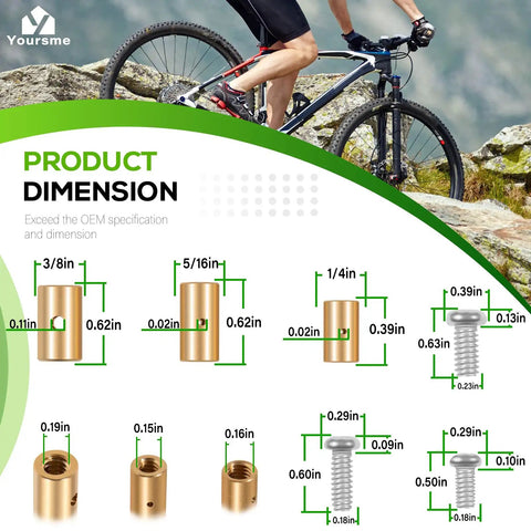 Diagram showing dimensions of Cable Stop Assortment Kit, 24 Pack Universal Fit with 1/4, 5/16, and 3/8 inch cable lock sizes.