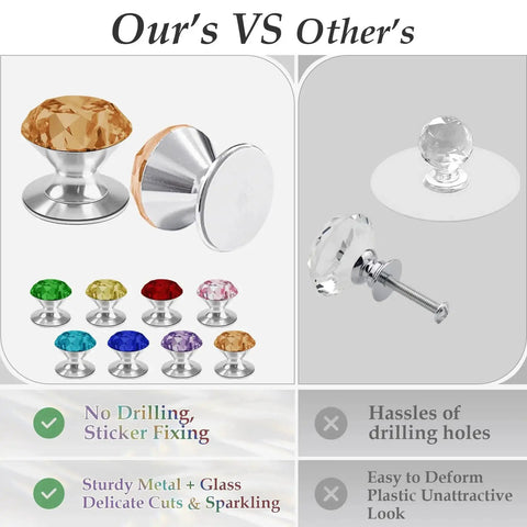 Comparison of Crystal Adhesive Cabinet Knobs Four Pack Amber K9 Crystal Pulls vs plastic knobs with screws