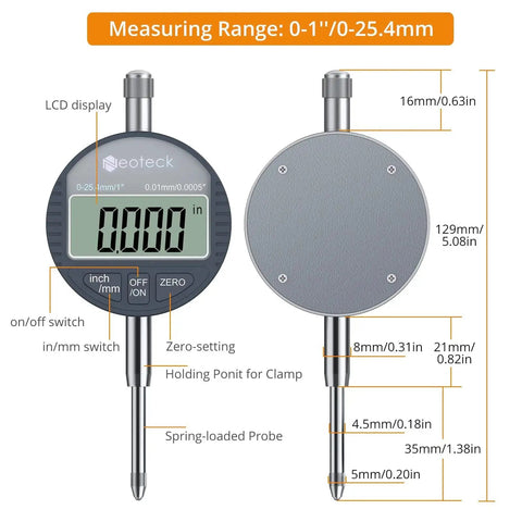 Digital Dial Indicator 1 Inch 25.4 Mm High Resolution 0.0005 Inch 0.01 Mm LCD Gauge With Aluminum Alloy Body For Precision Measurement In Mechanical Industrial And Laboratory Work 0-25.4 Mm Range Neoteck showing front and side view.