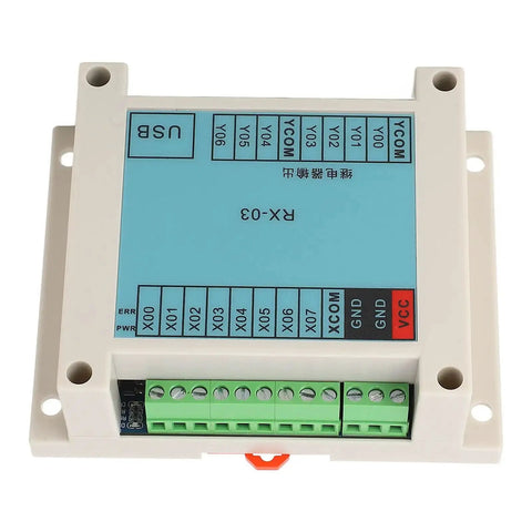 Top view of 12-24VDC PLC Controller With 8 Inputs And 7 Outputs for industrial automation, showing connectors and USB port.