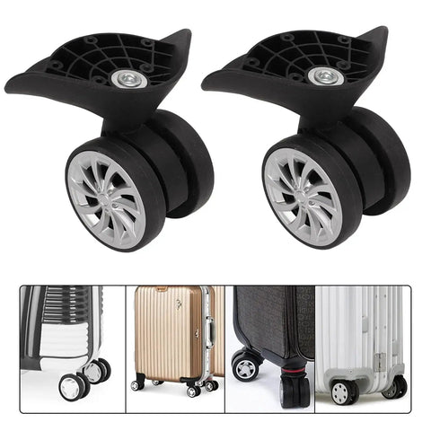 1 Pair Luggage Suitcase Replacement Nylon Casters Wheels For Trolley Travel Durable Lightweight Heat And Moisture Resistant Flame Retardant Easy To Install Luggage Maintenance Accessory, shown in black and silver with multiple suitcase examples.