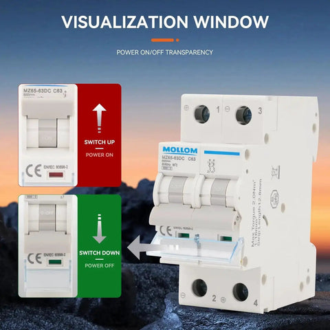 Two Pole DC Miniature Circuit Breaker 500V 25A C25 Thermal Magnetic Trip High 6kA Breaking Capacity DC Disconnect Switch For Solar PV Systems A Reliable Workhorse For Batteries And Inverters with visualization window and power switch options.