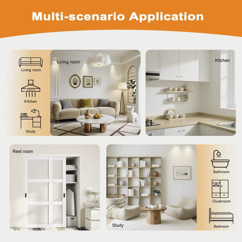 Collage showing sliding closet door set in living room, kitchen, rest room, and study applications.