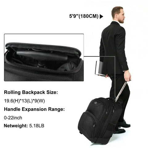 Rolling Laptop Backpack With Wheels 17 Inch Water Resistant Carry On Luggage for Business Travel and Overnight use, shown being used by a man