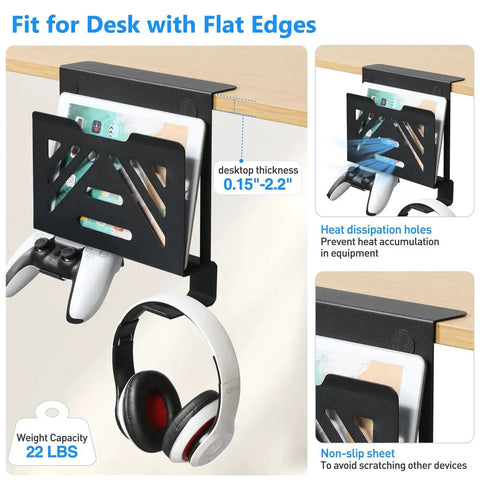 Under Desk Laptop Mount And Side Hanging File Organizer With No Drill Clamp On Cable Tray 2 Hooks, desk compatibility shown.